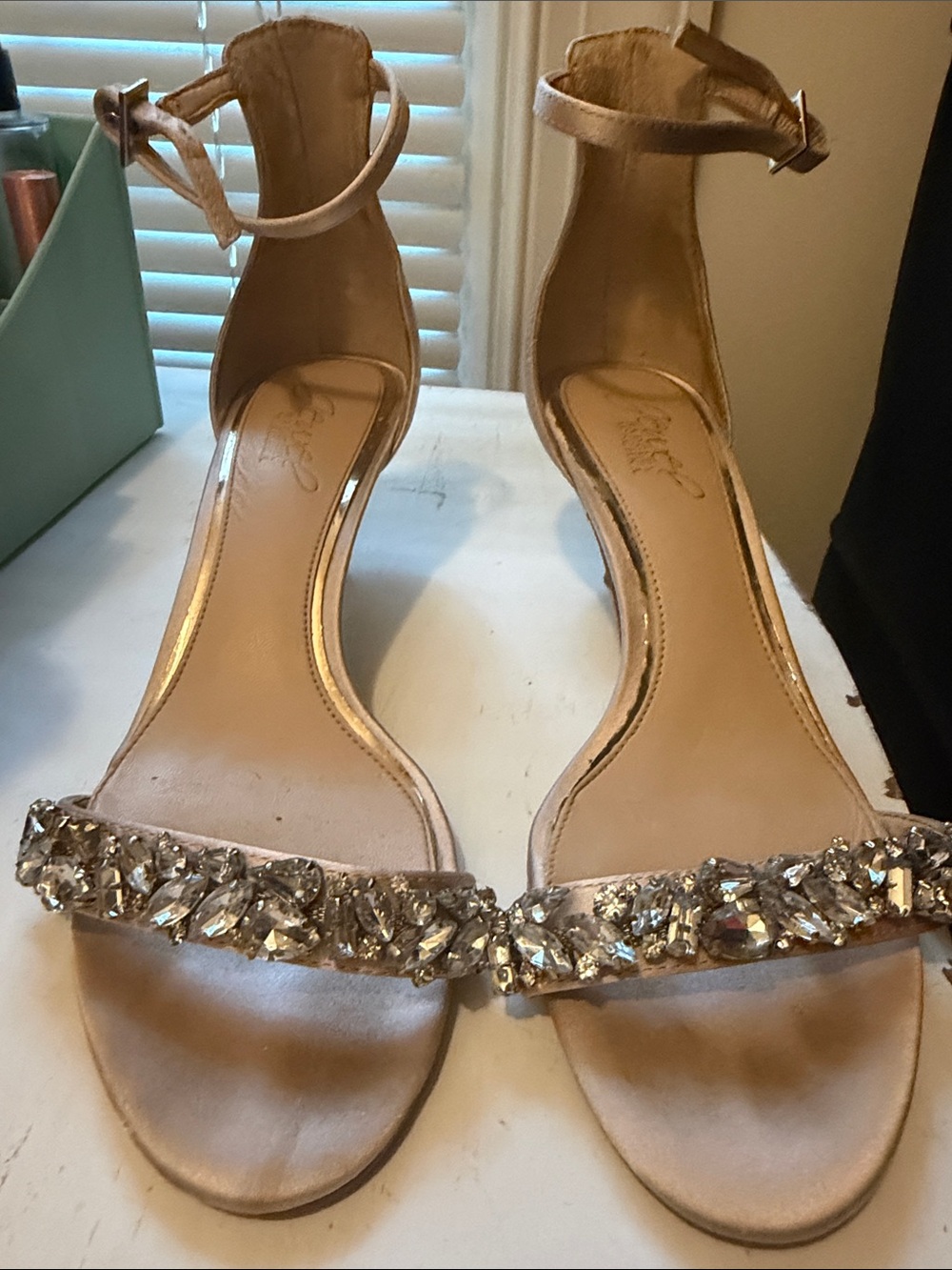 Badgley Mischka Crystal-Embellished Blush Ankle-Strap Heels